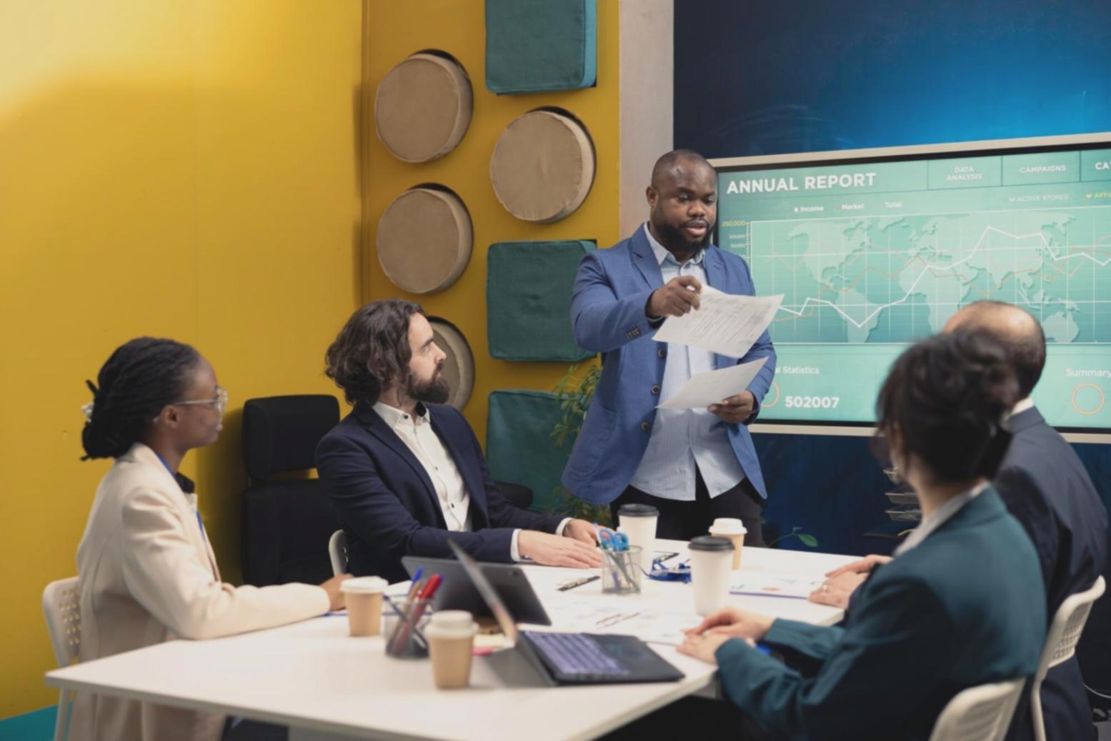 Modernes Büro mit Finanzunterlagen und Laptop auf dem Schreibtisch